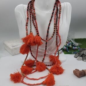 Handcrafted Orange Beaded Tassel Necklace - Women Jewelry 34 Inch N3923